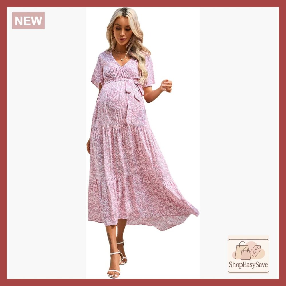 Maternity Maxi Dress V-Neck Puff Sleeve Pleated Boho Chic Casual Wear